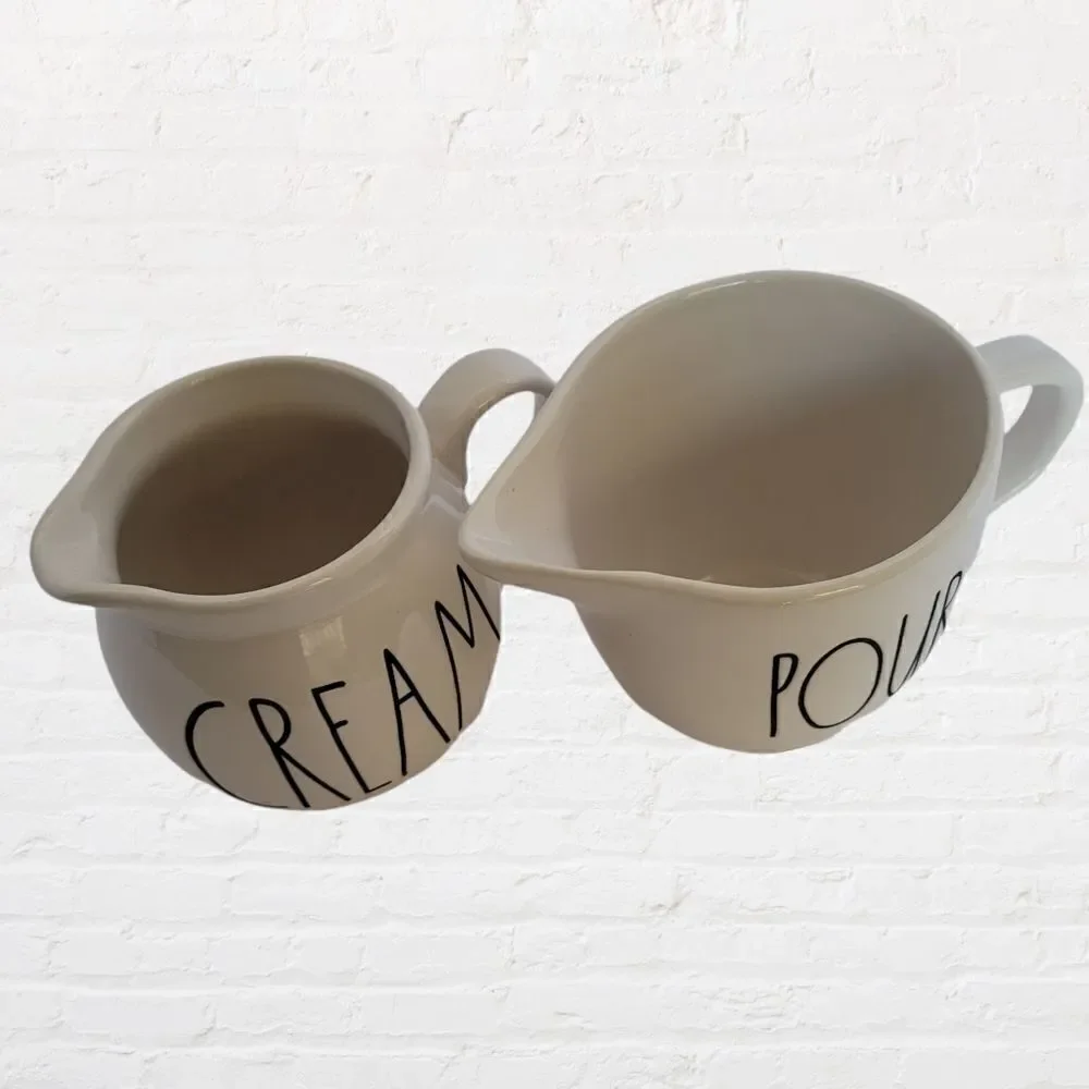 Rae Dunn Cream and Pour Pitchers/Mugs, White with Black Lettering, 3.5